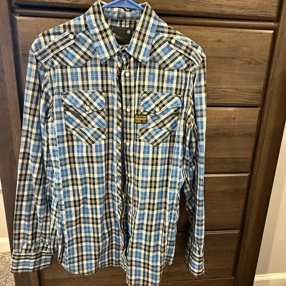 G-Star Blue and White Plaid Button Down Shirt